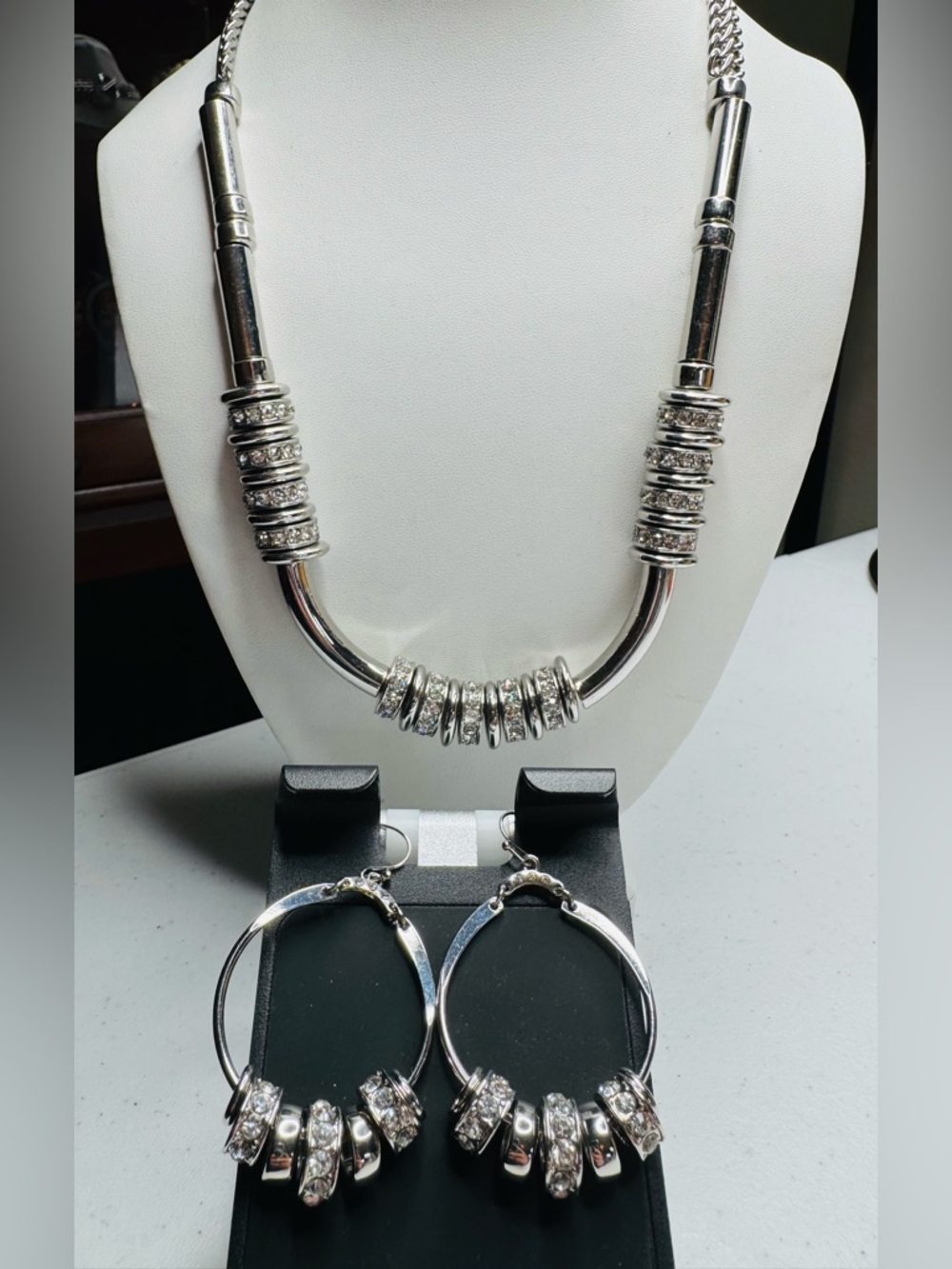 Silver-Tone and Rhinestone Statement Necklace and Hoop Earrings Set
